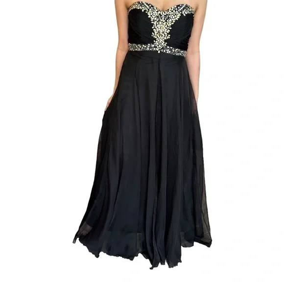 ✨Host Pick✨ BLACK CHIFFON PROM FORMAL EVENING GOWN WITH RHINESTONE ACCENTS 4 - Picture 3 of 16